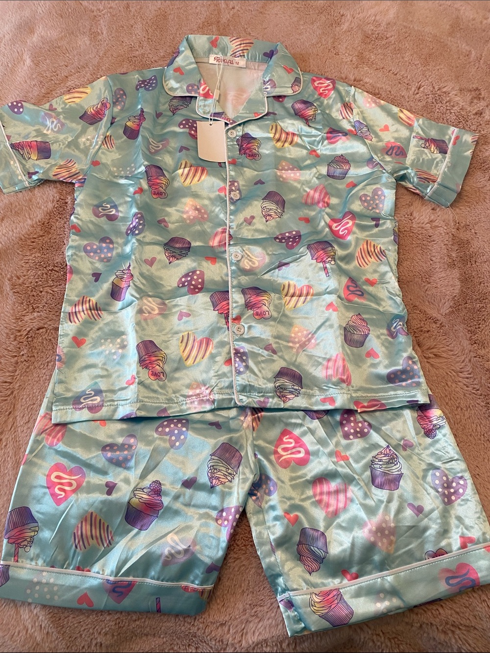 Kids Satin Cupcake Short Pajama Set - Mint